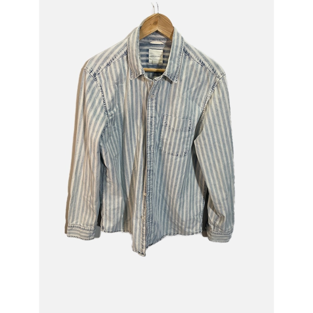 American Eagle Button Down Mens Large Blue Striped Denim Cotton Casual Workwear
